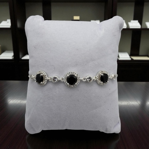 Sterling Silver Adjustable Bracelet Faux Sapphire Clear Crystals .925‎